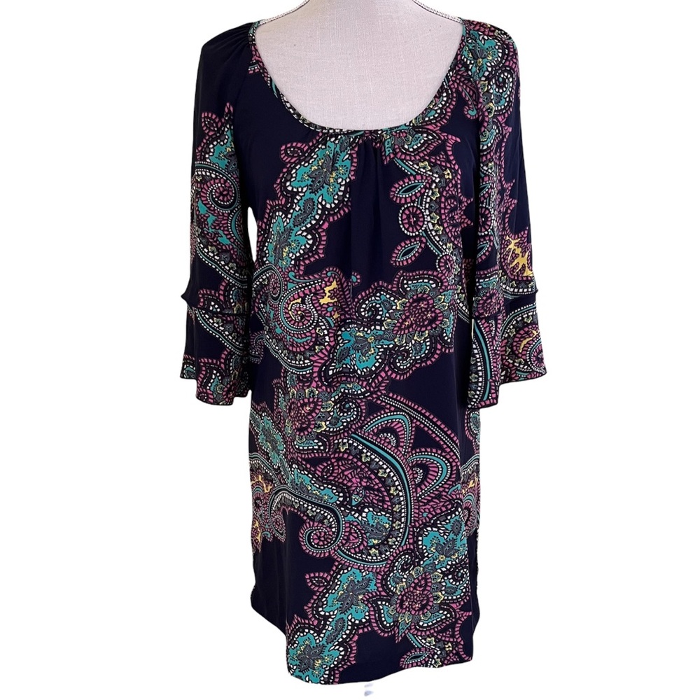 Glam Navy Background Paisley Bell Sleeve Shift Dress S